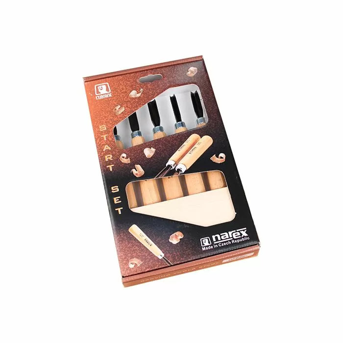 Wood carving chisel starter set with wooden handles in retail packaging