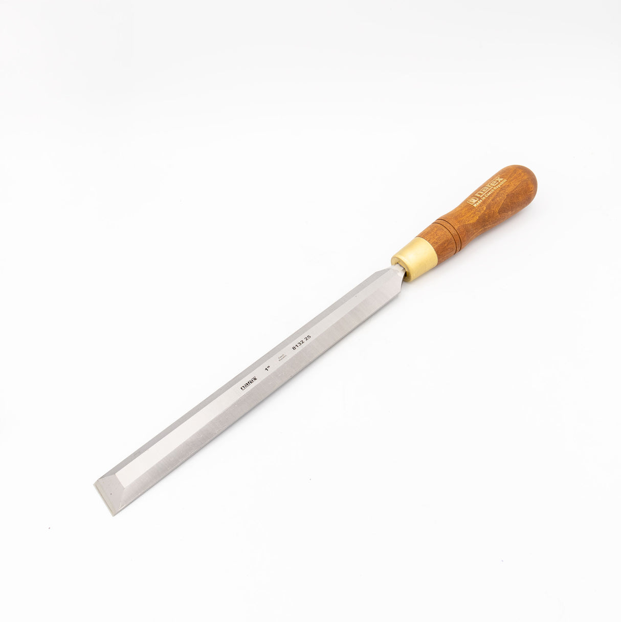 Woodworking chisel with sharp beveled steel blade and wooden handle on white background