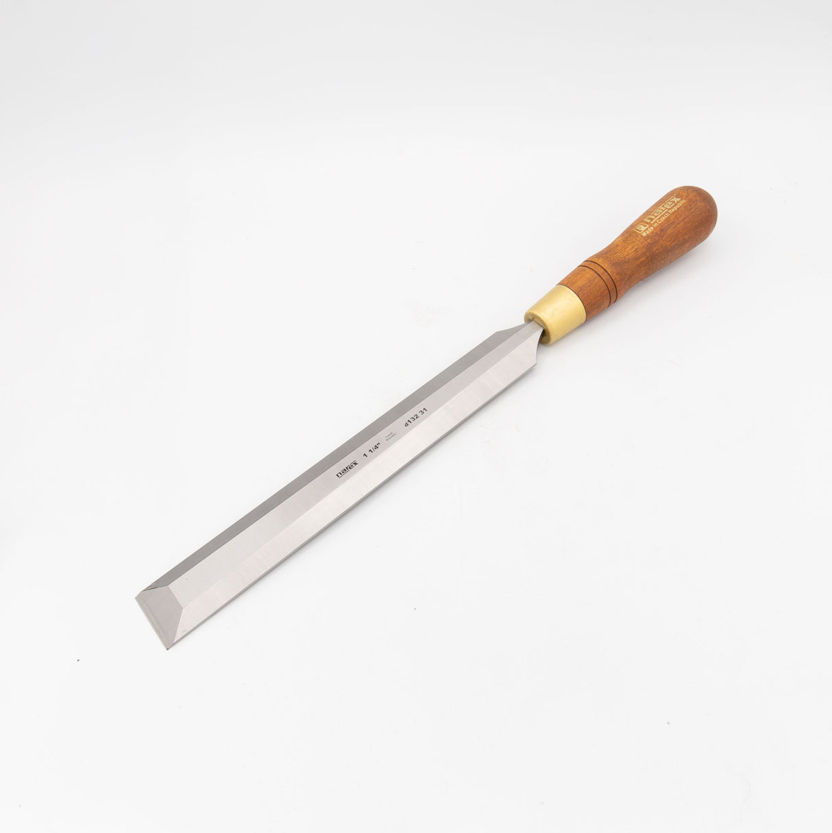 Woodworking chisel with beveled steel blade and wooden handle on white background