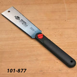 Japanese pull saw with black handle and red accent on wood surface, woodworking hand tool
