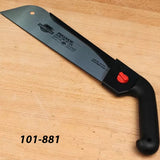 Pull saw with black handle and red knob on a wooden surface, woodworking hand tool