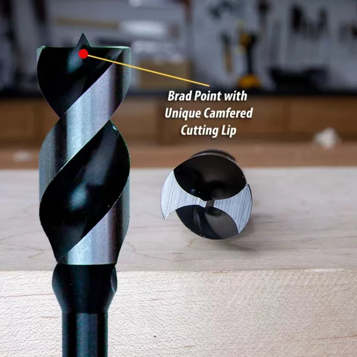 Close-up of brad point drill bit with unique camfered cutting lip for woodworking