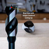 Close-up of brad point drill bit with unique camfered cutting lip for woodworking