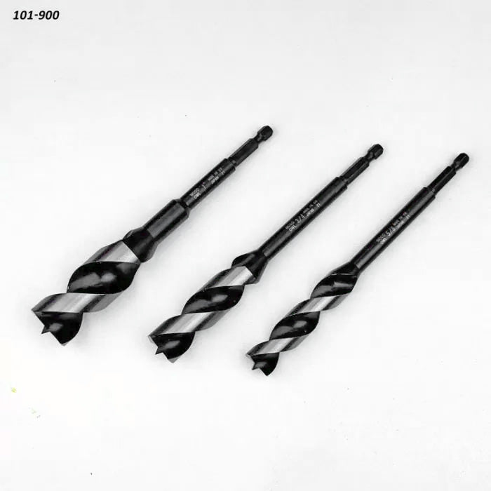 Set of three woodworking drill bits with hex shanks on white background.