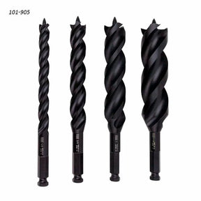 Set of four black woodworking auger drill bits with hex shanks on a white background.