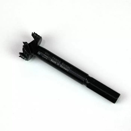 Forstner drill bit with cutting edges for woodworking on white background