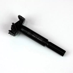Forstner drill bit for woodworking, black with sharp teeth, isolated on white background