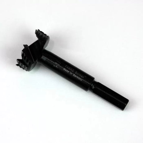 Forstner drill bit with sharp teeth for woodworking on white background