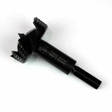 Black Forstner drill bit for woodworking, sharp teeth, flat shank on white background.