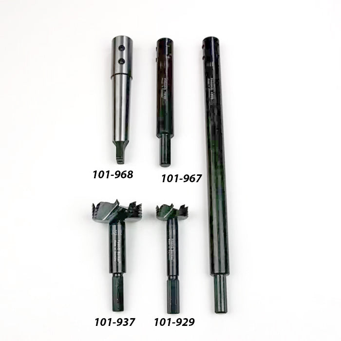 Five woodworking drill bits and cutting tools with product numbers on white background