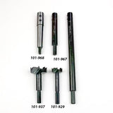 Five woodworking drill bits and cutting tools with product numbers on white background