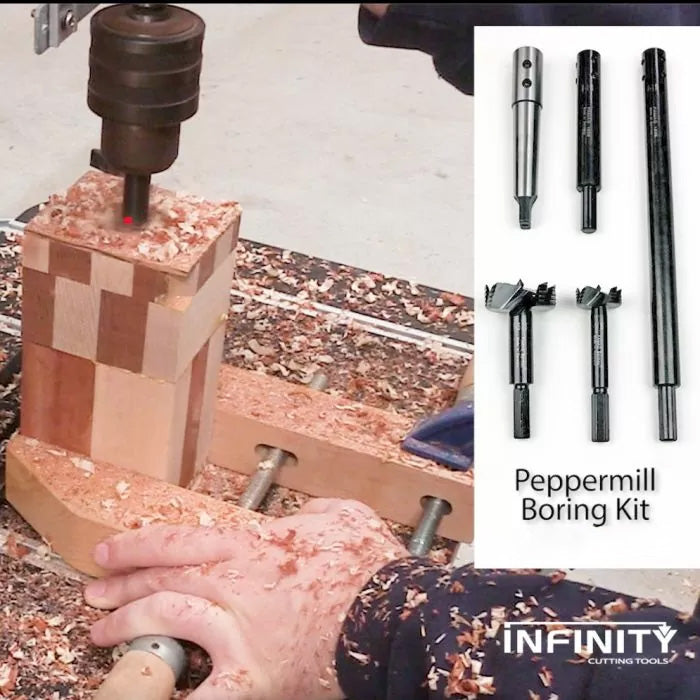 Peppermill boring kit for woodworking, drill press in use with wood blanks and cutting tools