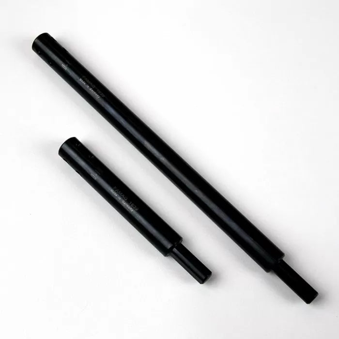 Two black steel router table lift shafts on white background, woodworking tool parts