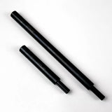 Two black steel router table lift shafts on white background, woodworking tool parts