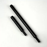 Two black drill bit extension rods for woodworking on a white background