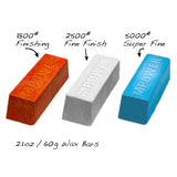 Three MPOWER wax bars in red, white, and blue for woodworking, labeled finishing grits.