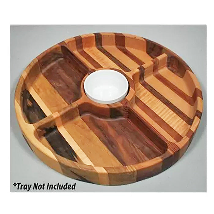 Round wooden segmented serving tray with multiple compartments, white center bowl, striped wood pattern