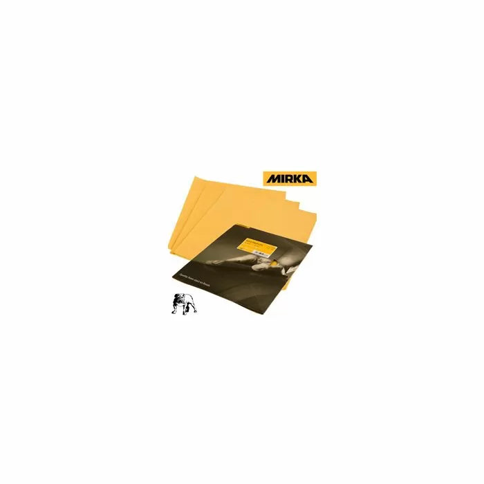 Mirka yellow sandpaper sheets for woodworking, shown stacked with branded packaging