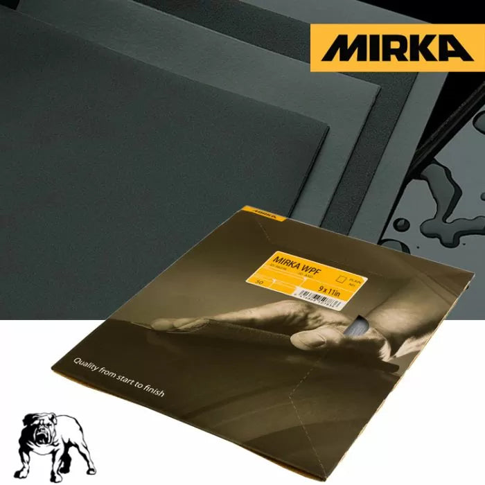 Mirka wet and dry sandpaper sheets and packaging, ideal for woodworking and finishing