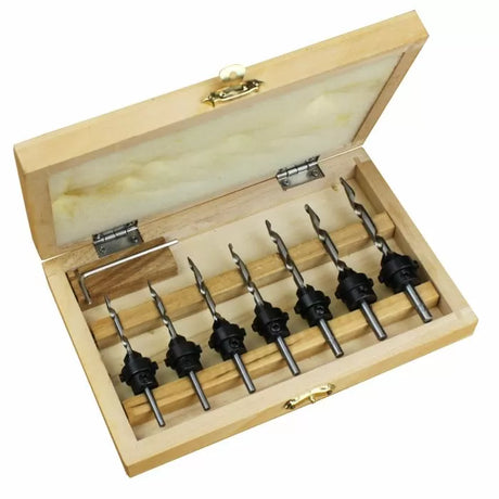 Woodworking countersink drill bit set in wooden case, precision tools for carpentry projects