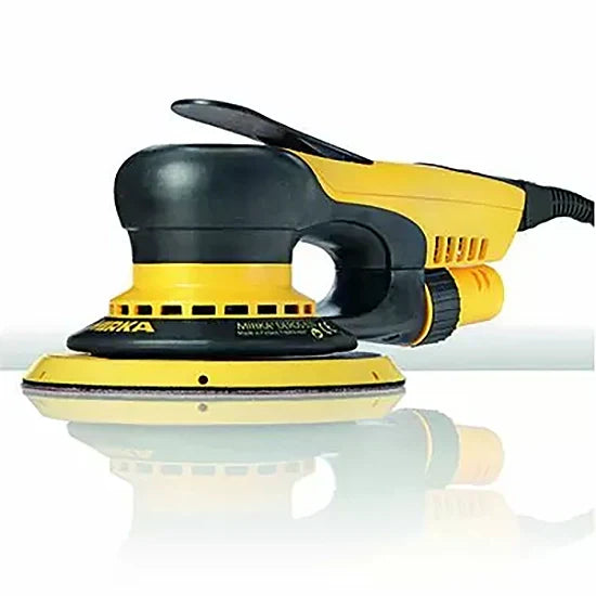 Electric random orbital sander with yellow and black body for woodworking projects