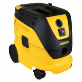 Yellow and black Mirka dust extractor vacuum for woodworking, shown on caster wheels.
