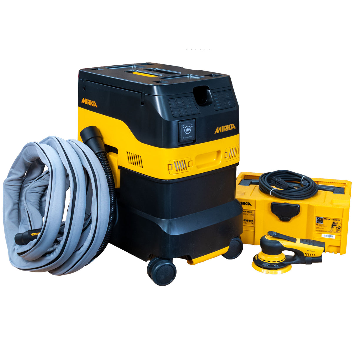 Mirka deros dust collector, gray dust collection hose, sander and sander case on a white background