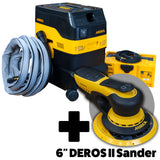 Mirka Deros Sanding package including dust collector, hose, and sander on a white background.