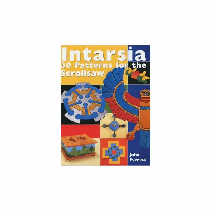 Book cover for 'Intarsia: 30 Patterns for the Scrollsaw' showing colorful woodworking projects