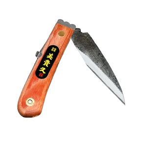 Japanese folding pocket knife with wooden handle and black kanji label, open blade.