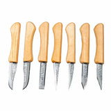 Wood carving knives set with wooden handles and various blade shapes, woodworking tools