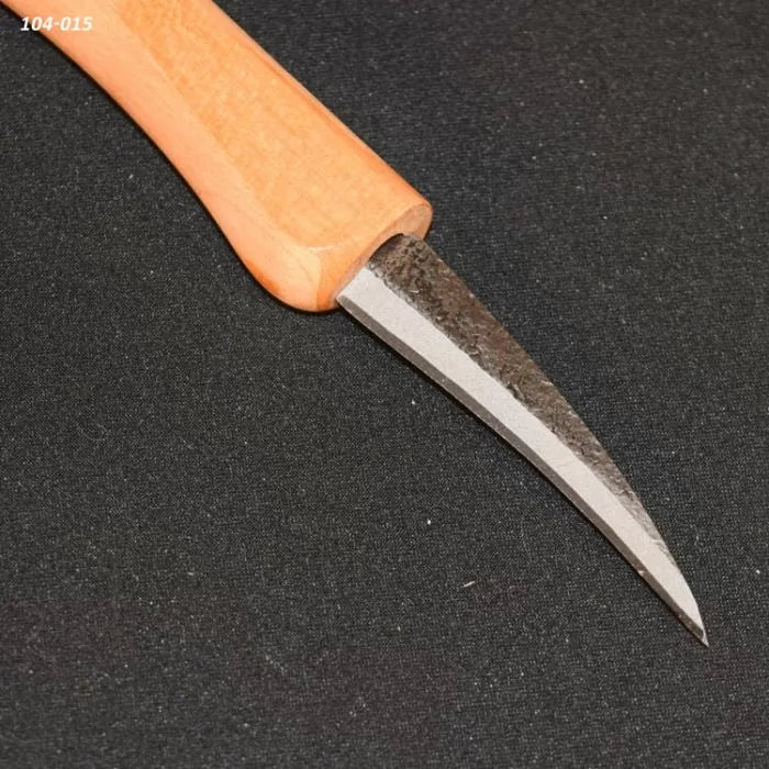 Detail carving knife with a curved steel blade and wooden handle on a black background