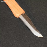 Wood carving knife with a textured steel blade and wooden handle on black background