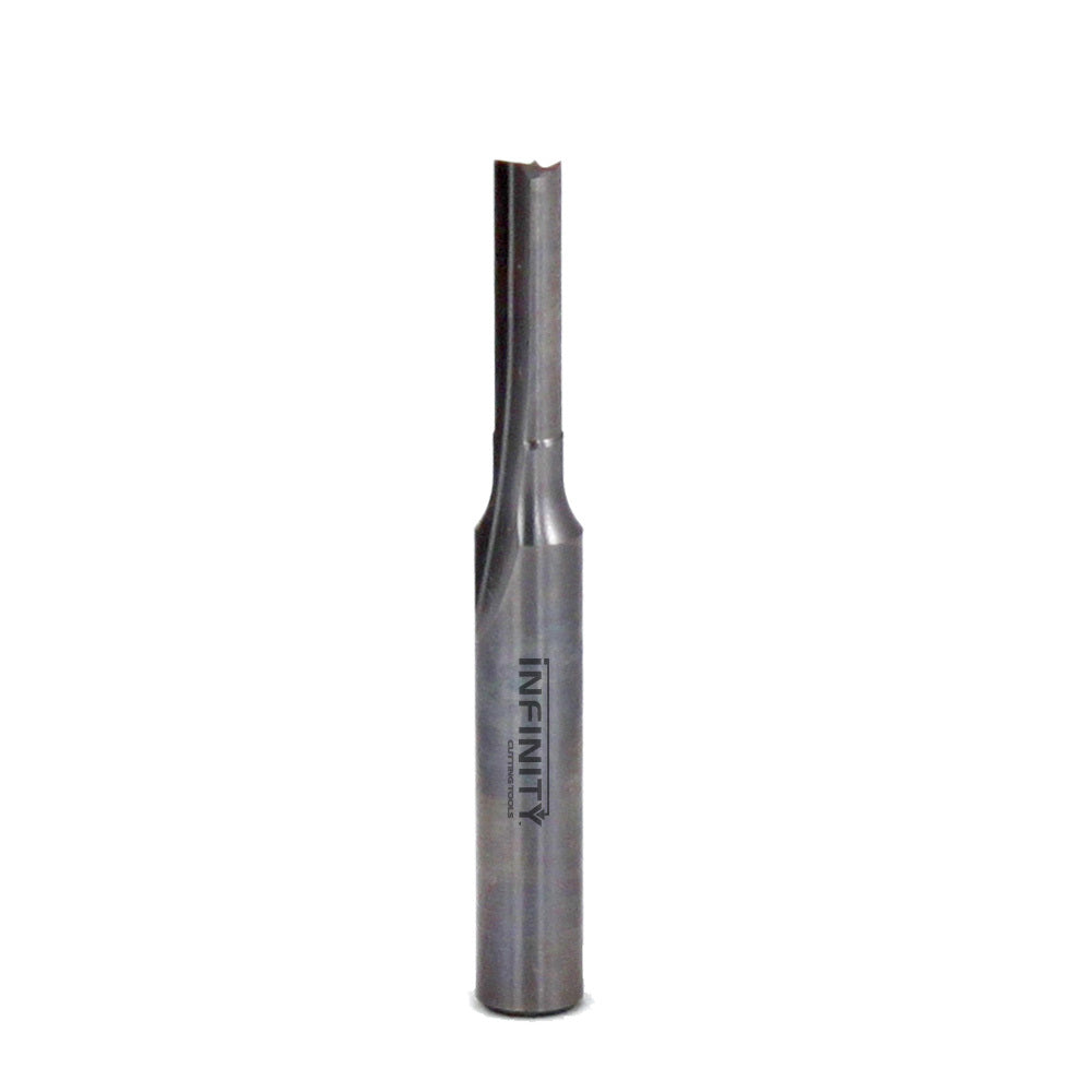 Straight single flute router bit for woodworking, metal finish, upright on white background