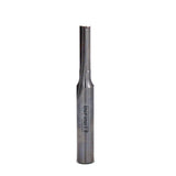 Straight single flute router bit for woodworking, metal finish, upright on white background