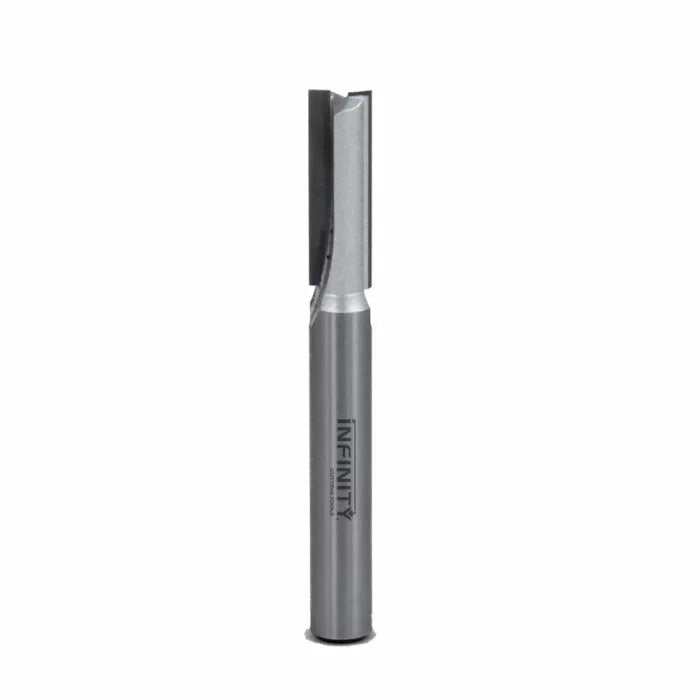Straight carbide tipped router bit for woodworking on white background