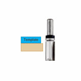 Template router bit with bearing for woodworking, shown next to labeled template block.