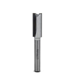 Carbide-tipped straight router bit for woodworking, single flute, isolated on white background.