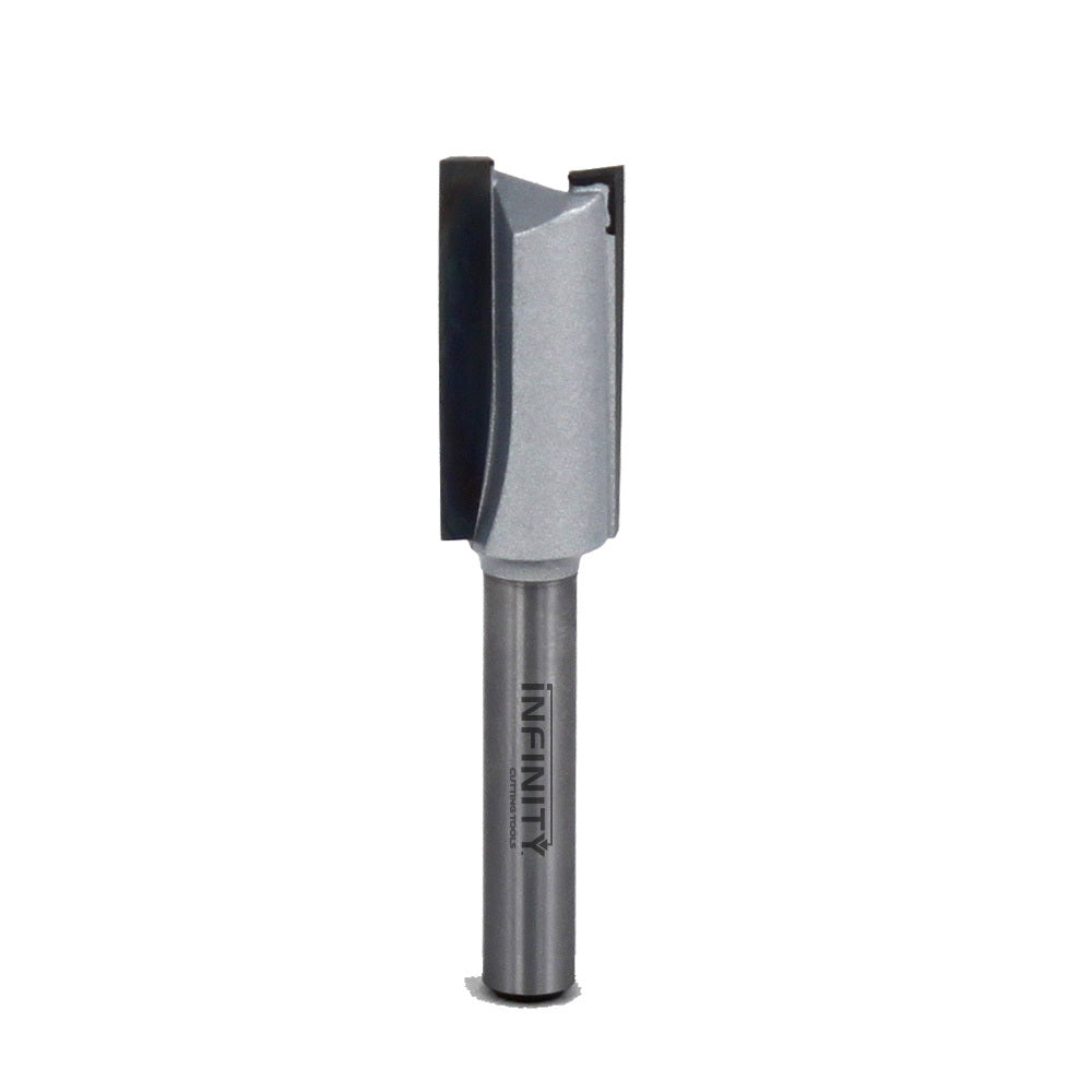 Straight router bit for woodworking with carbide cutting edge and visible Infinity logo on shaft