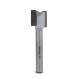 Straight router bit with carbide blades for woodworking on white background
