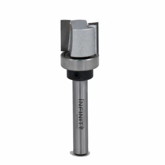 Carbide tipped router bit with bearing, woodworking tool on white background