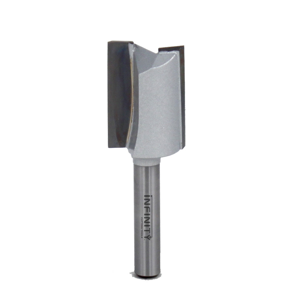 Carbide tipped straight router bit for woodworking, close-up on white background