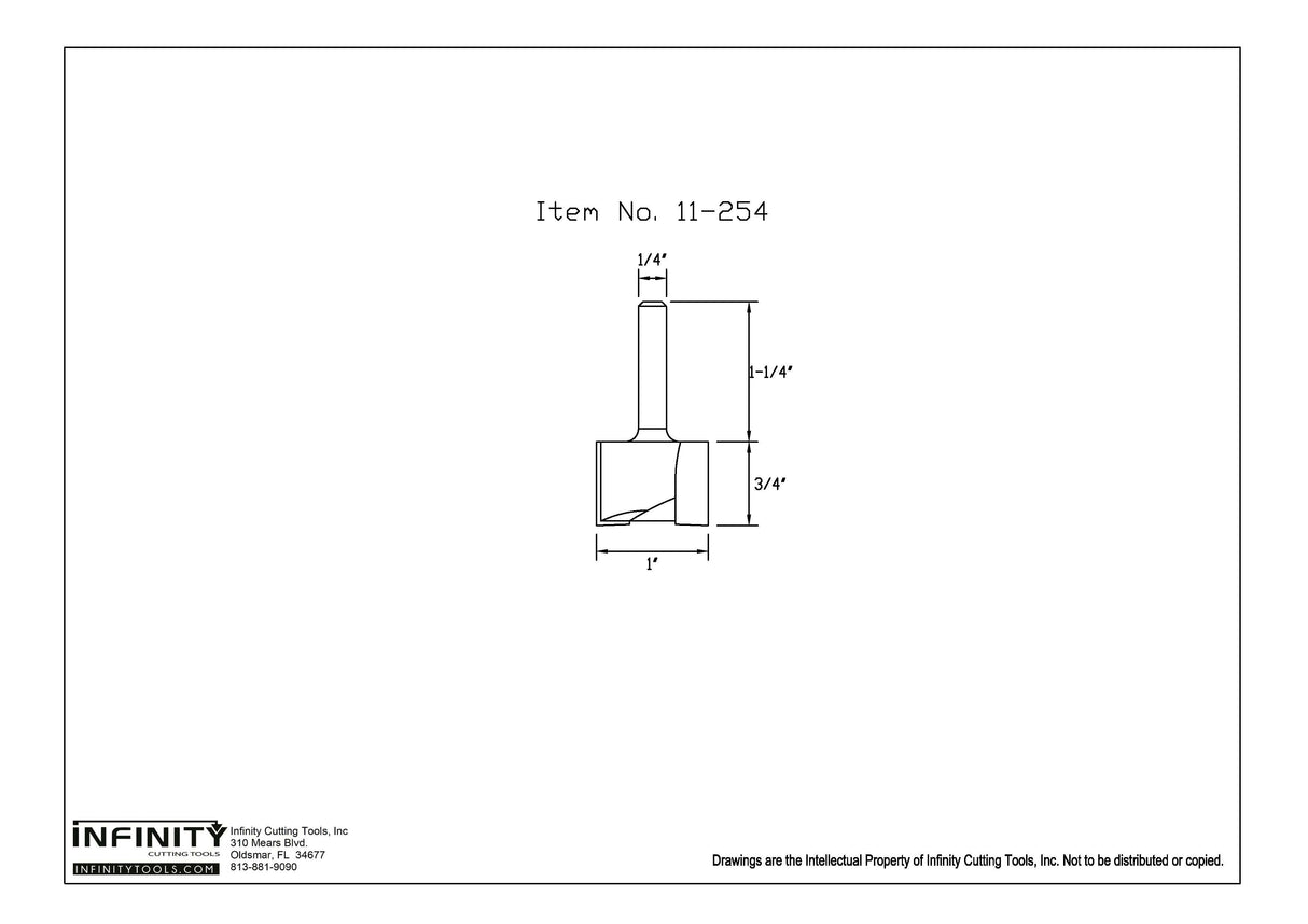 Technical drawing of straight router bit, item 11-254, showing dimensions and flat shank