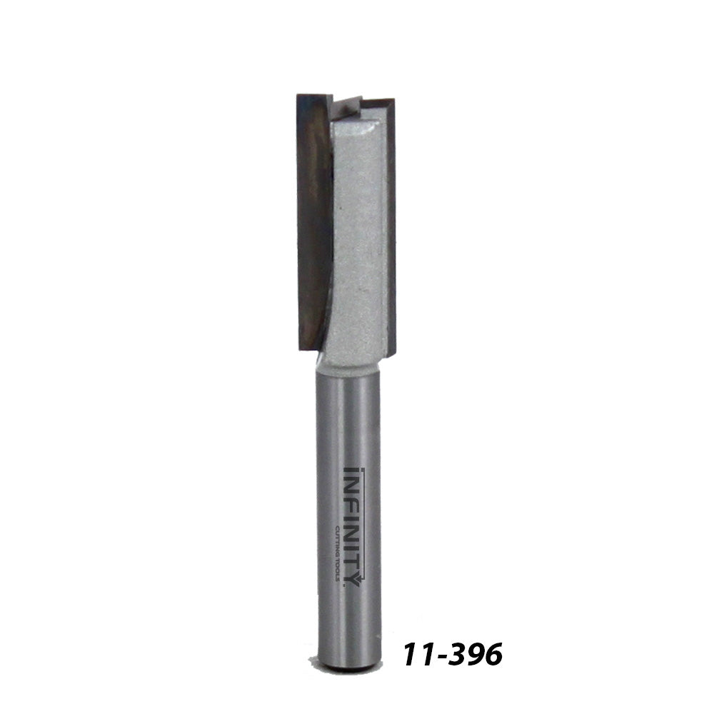 Straight router bit with carbide tip for woodworking, product number 11-396 on white background