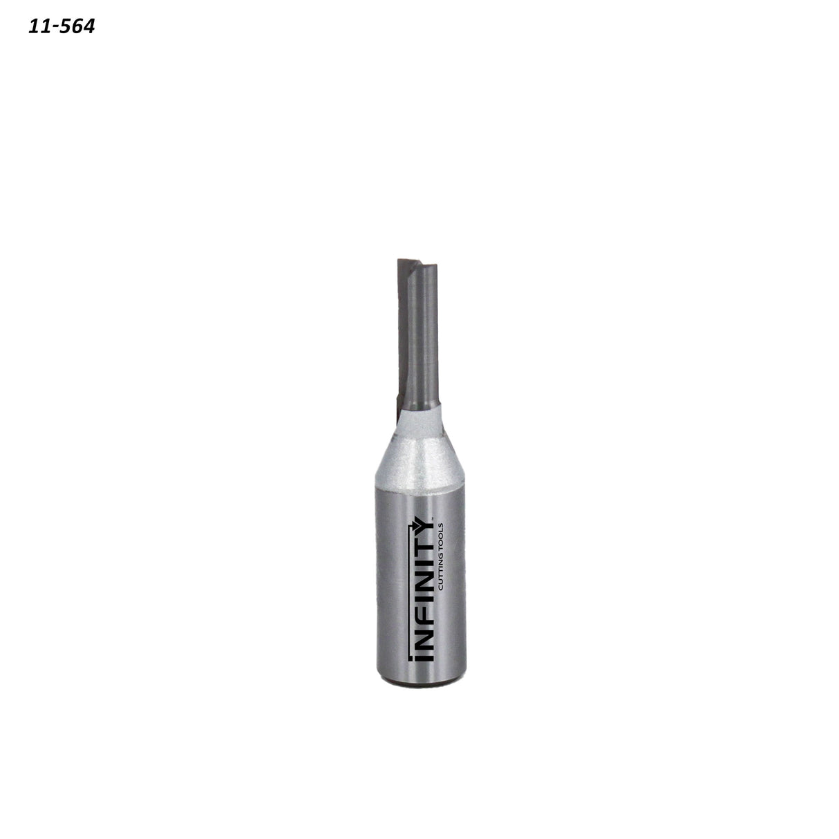 Carbide-tipped straight router bit for woodworking, isolated on white background.