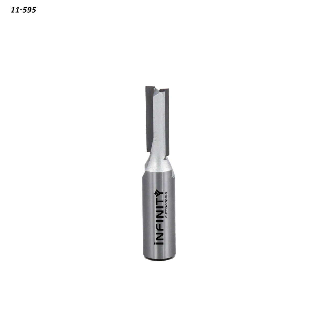 Straight carbide router bit for woodworking with sharp cutting edges on white background