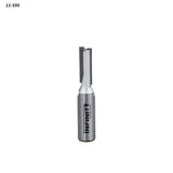 Straight carbide router bit for woodworking with sharp cutting edges on white background
