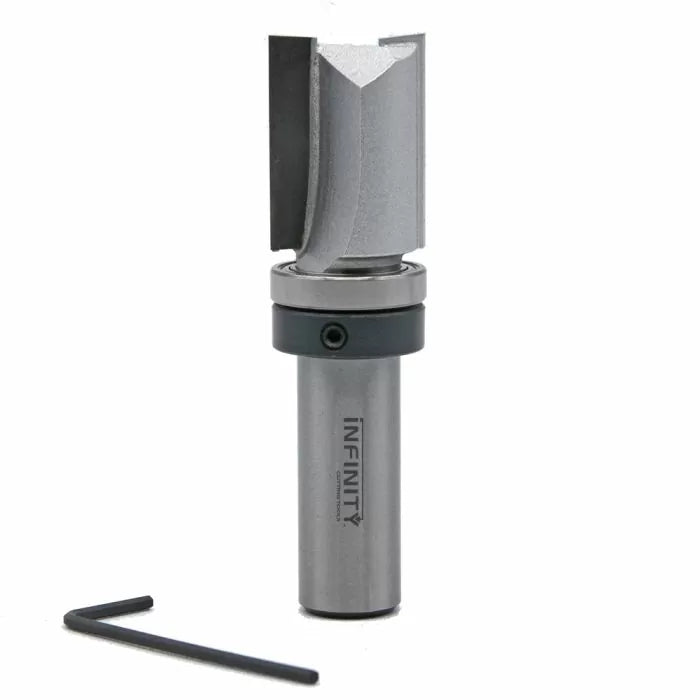 Carbide-tipped router bit with guide bearing and hex key for woodworking projects