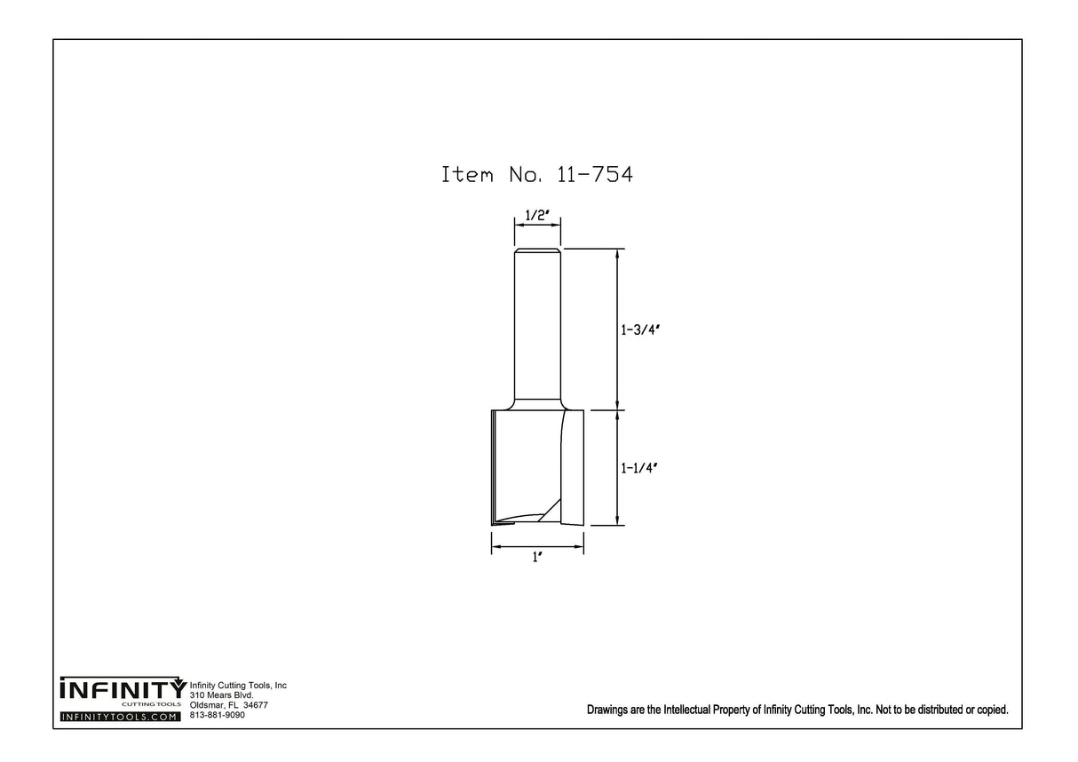 Technical drawing of a straight router bit, 1-inch diameter, 1/2-inch shank, woodworking tool.