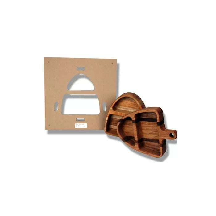 Wood serving tray with handle and matching MDF woodworking template on white background